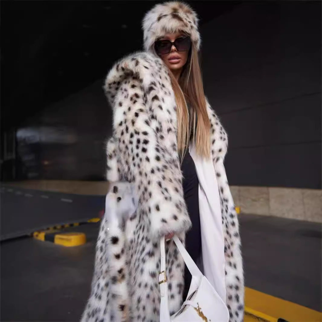 Leopard Print Hooded Mink Velvet Trench Coat 