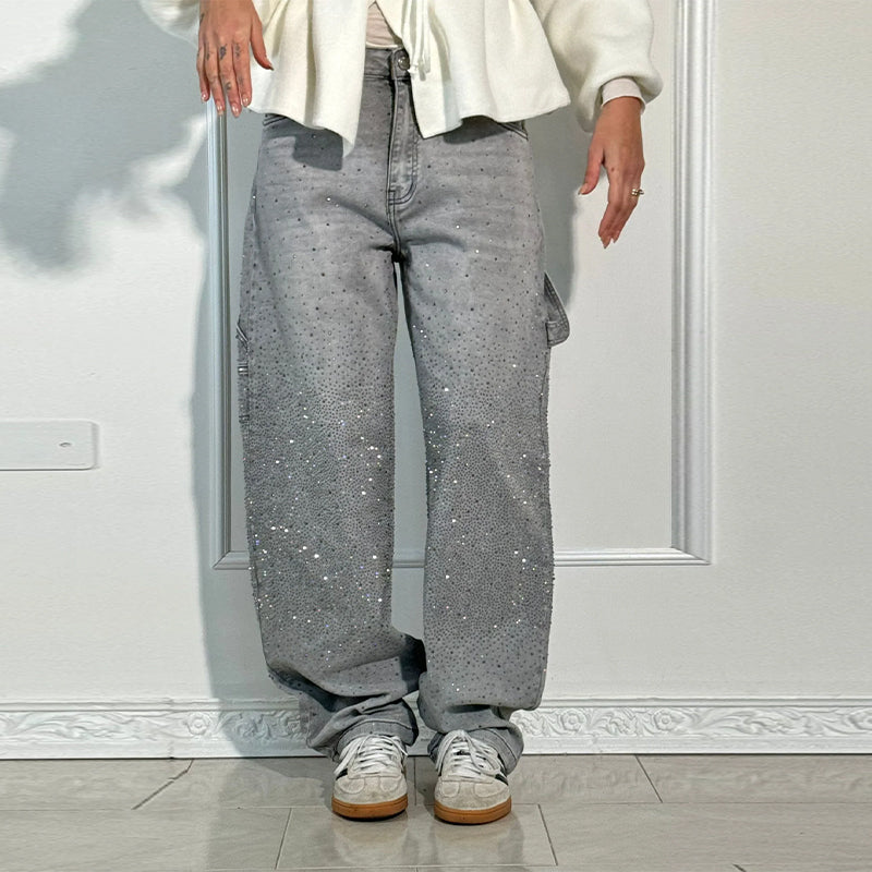Rhinestone Baggy Jeans Women – Wide Leg Dragging Denim