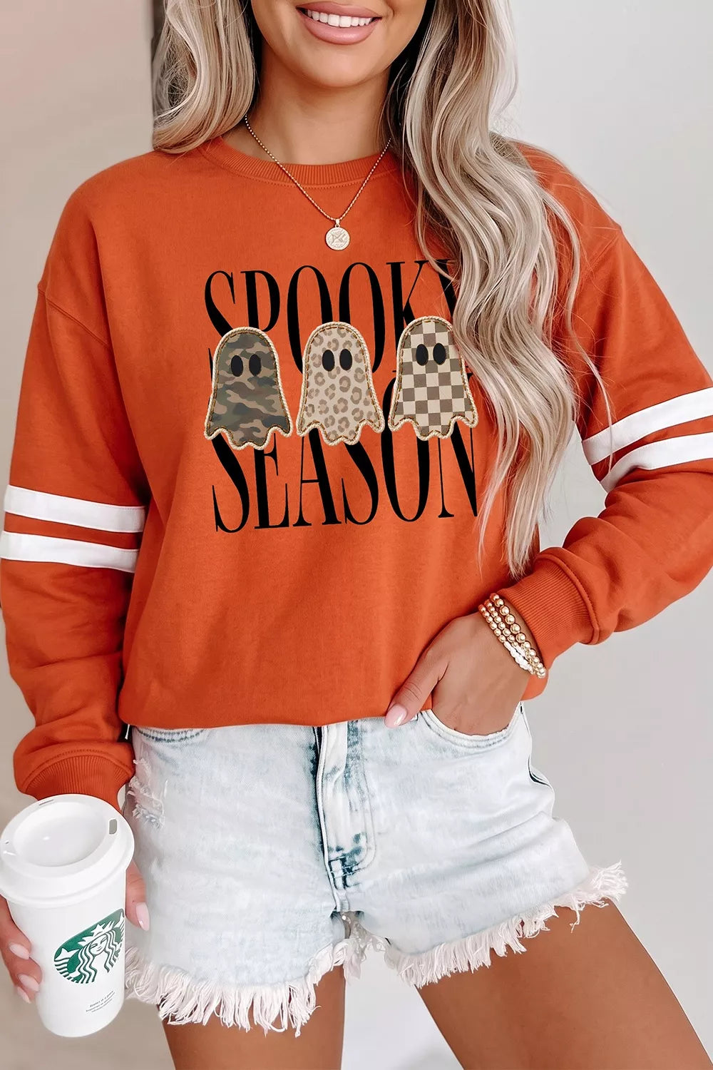 Spooky Season Ghost Striped Sleeve Sweatshirt | Hallebeauty