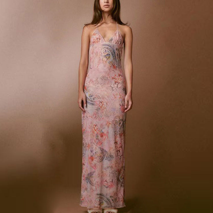 Sexy Floral Print Halter Dress - Women's Spring Summer Slim Fit