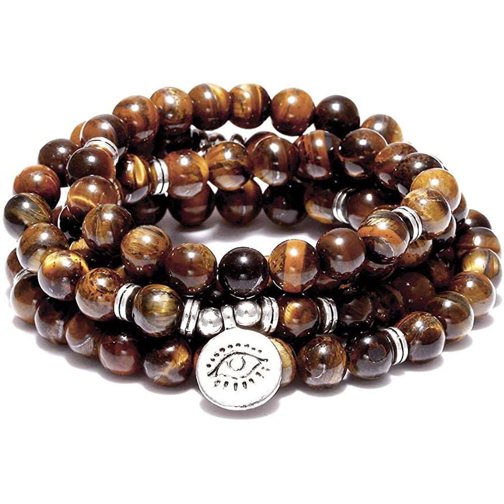 Tiger Eye Stone 108 Buddha Beads Necklace & Lotus Bracelet | Spiritual Set