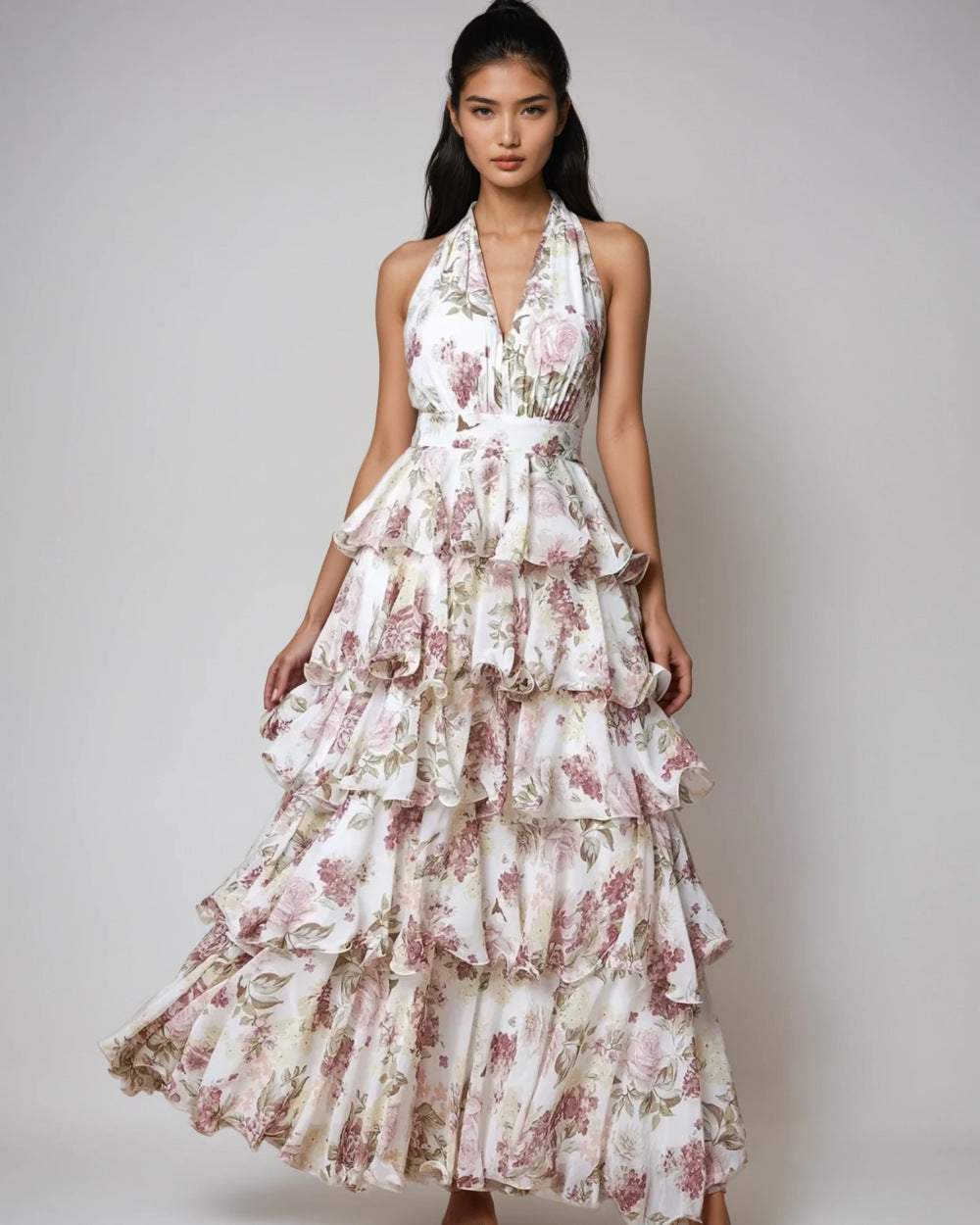Women's Floral Halter Neck Chiffon Dress | S–XL