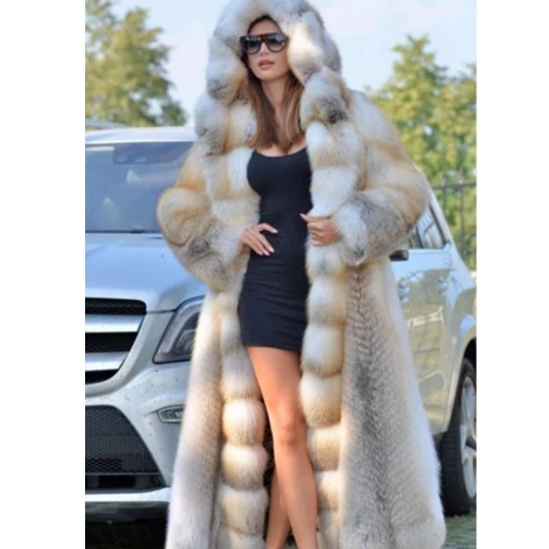 Hooded Faux Fur Mid-Length Coat - European & American Style