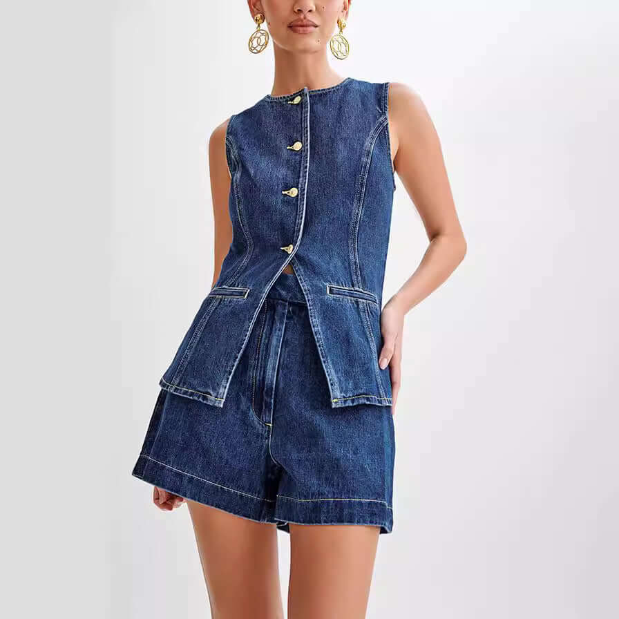 Casual Denim Vest and High Waist Shorts Set