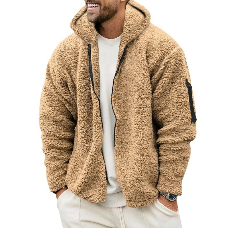 Men’s Plush Hooded Fleece Jacket - Double-Sided Wear Warm Casual Coat