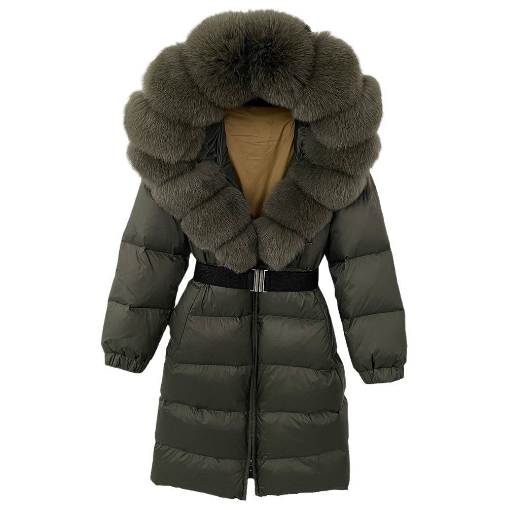 Women’s Long Hoodie Coat with Fox Fur Collar - Stylish & Warm