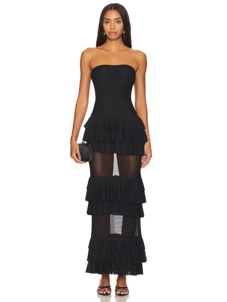 Strapless Ruffled Black Maxi Dress – Elegant & Bold