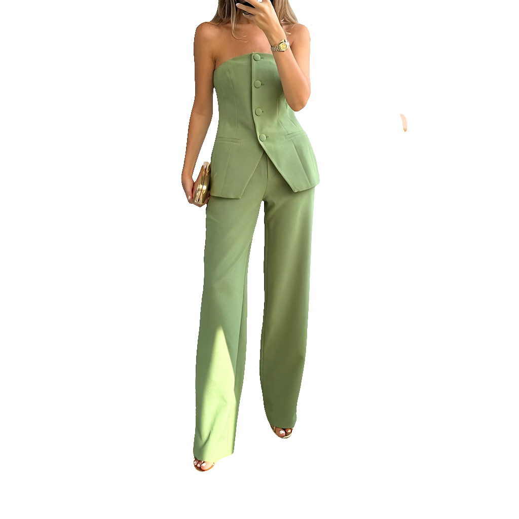 Elegant Tailored Suit - Tube Top & Suit Pants with Button Detail