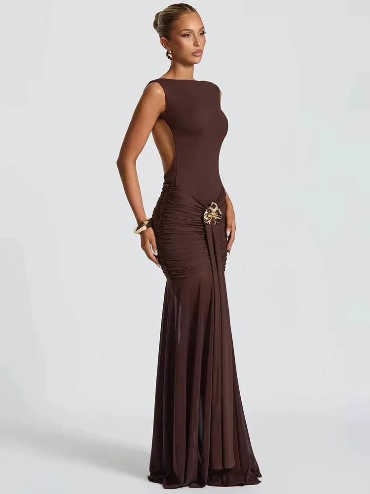 Backless ruched maxi dress for summer or evening wear