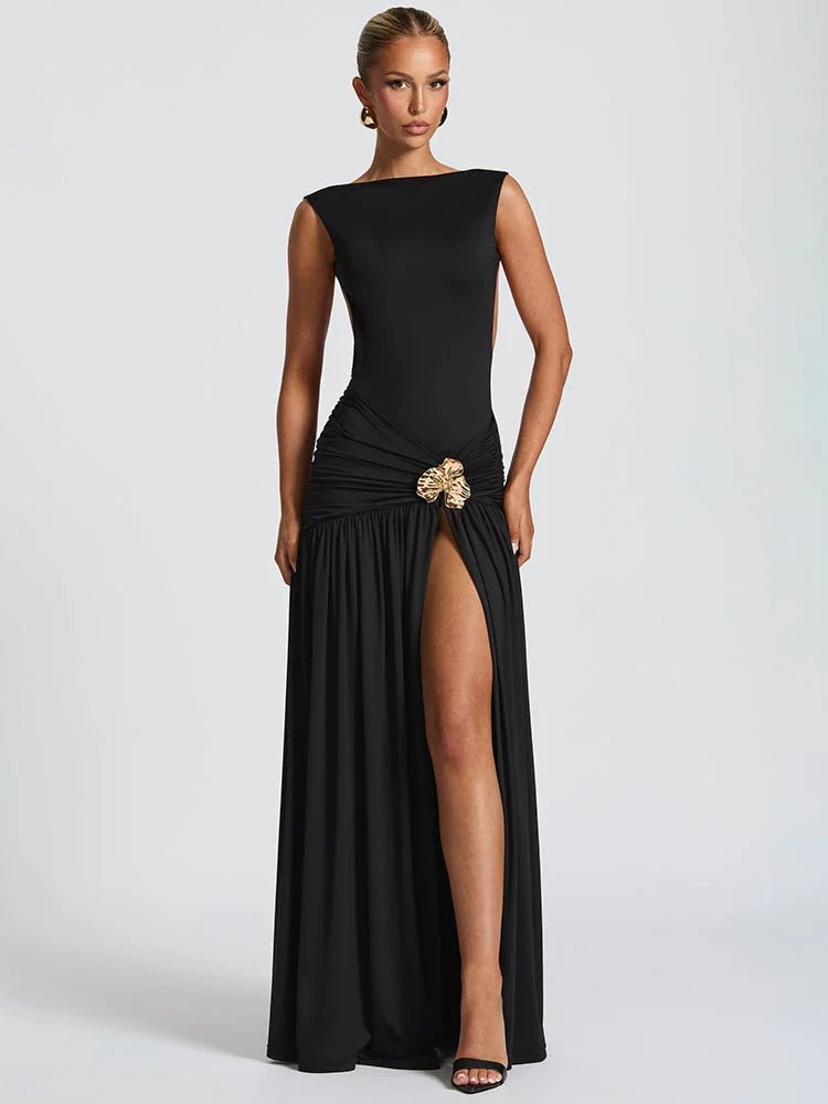 Backless Ruched Maxi Dress - HalleBeauty