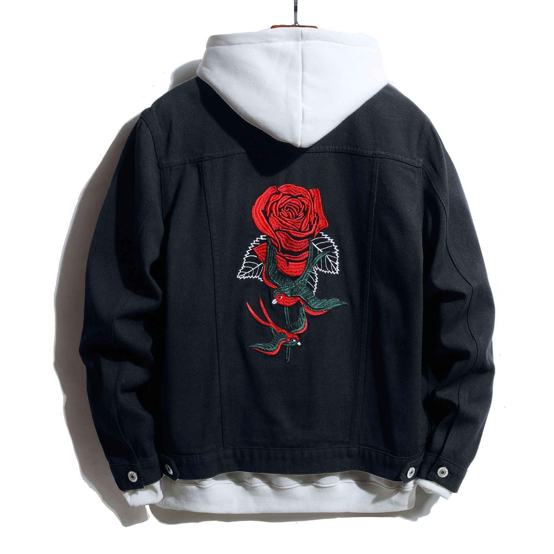Black Denim Jacket with Rose Embroidery