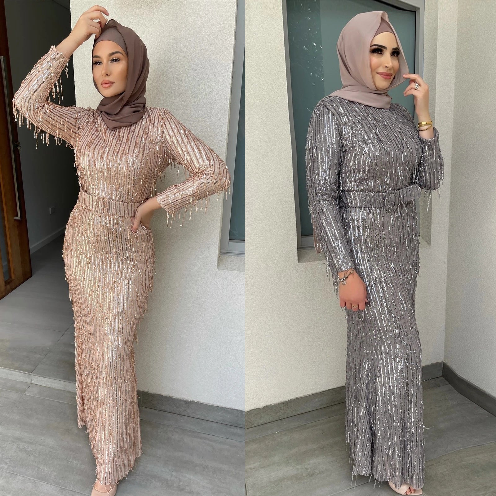 Sequin Tassel Slim-Fit Muslim Dress: Dazzling Elegance - HalleBeauty