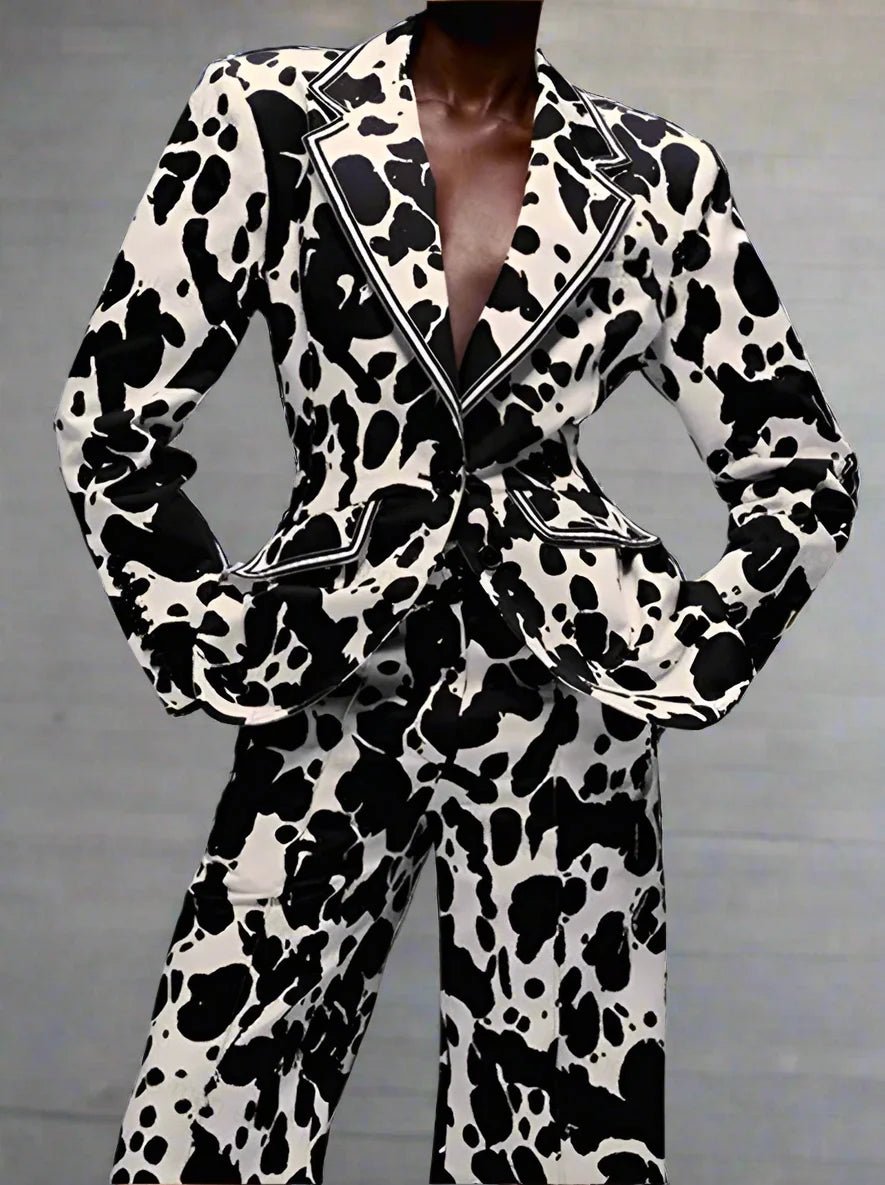 Black White Zebra Printed Women Suit Set 2 Piece Blazer+Pants Customized - HalleBeauty