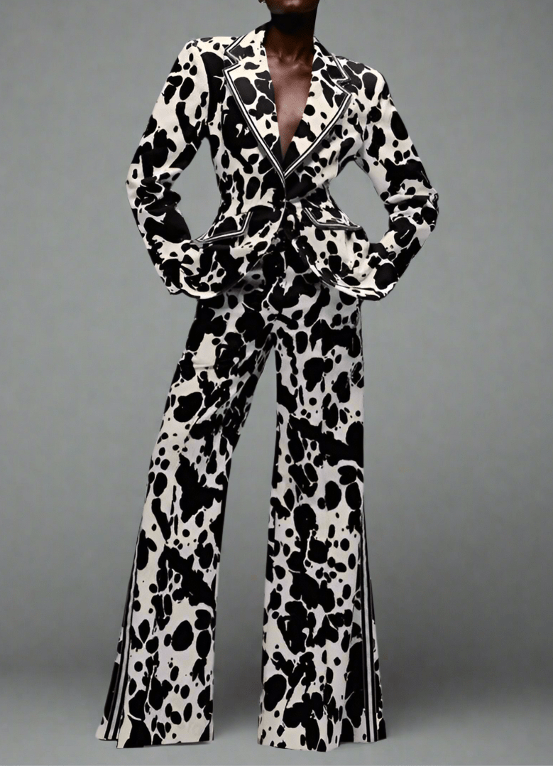 Black White Zebra Printed Women Suit Set 2 Piece Blazer+Pants Customized - HalleBeauty