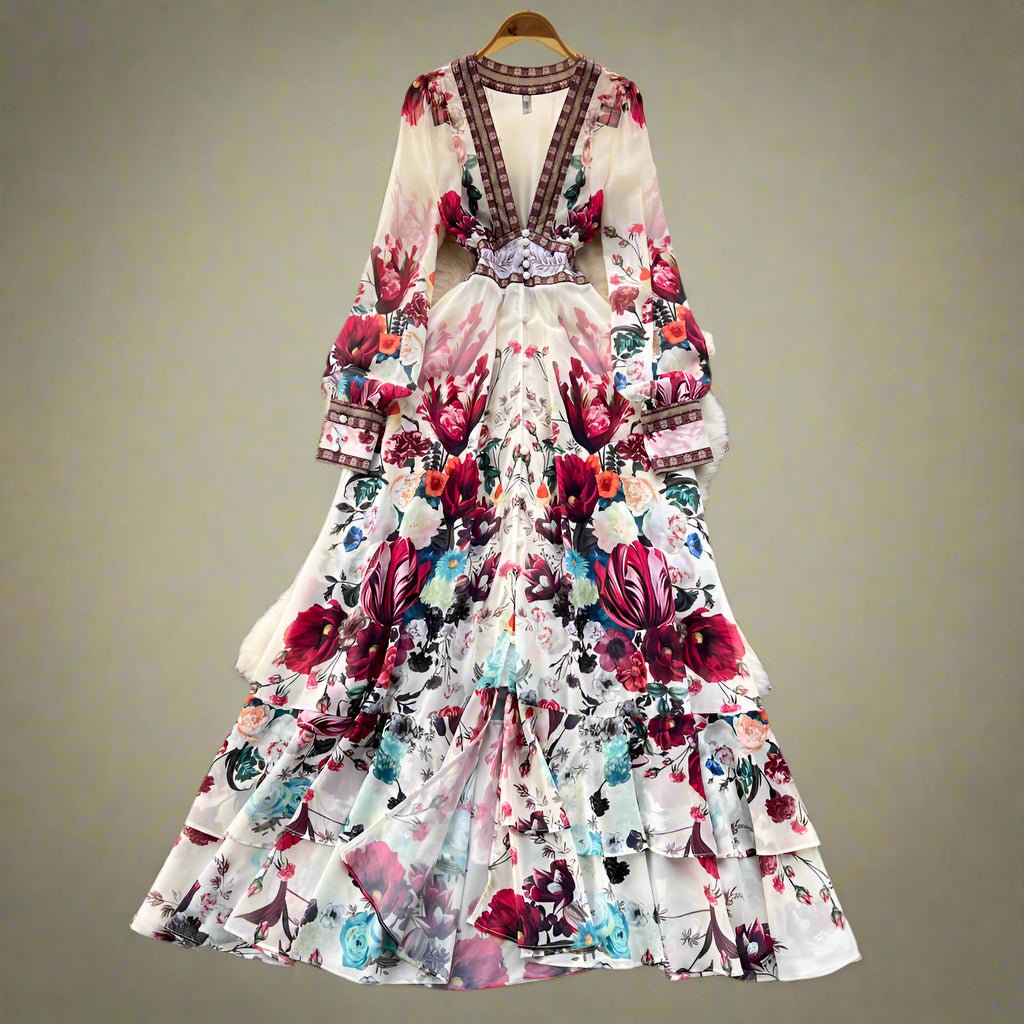 Bohemian Floral Dress - V - Neck Maxi with Embroidery - HalleBeauty