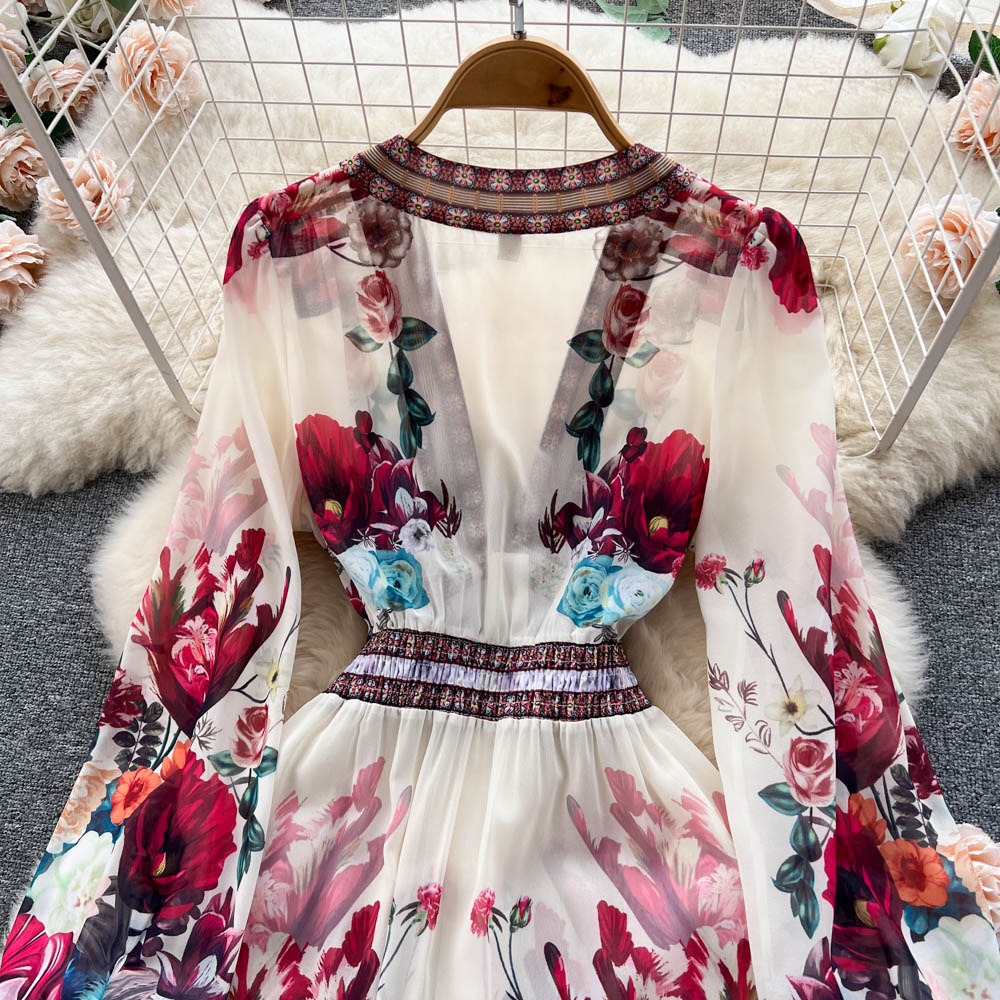 Bohemian Floral Dress - V - Neck Maxi with Embroidery - HalleBeauty