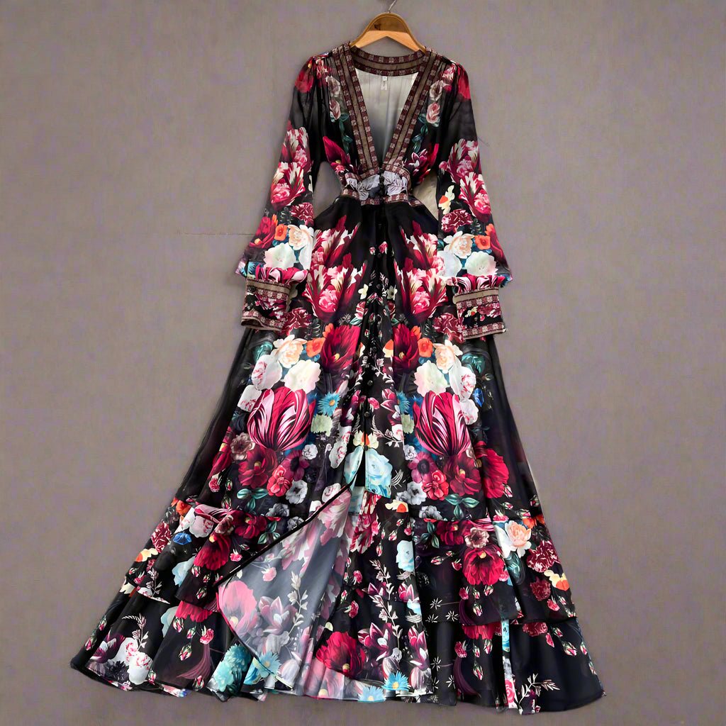 Bohemian Floral Dress - V - Neck Maxi with Embroidery - HalleBeauty