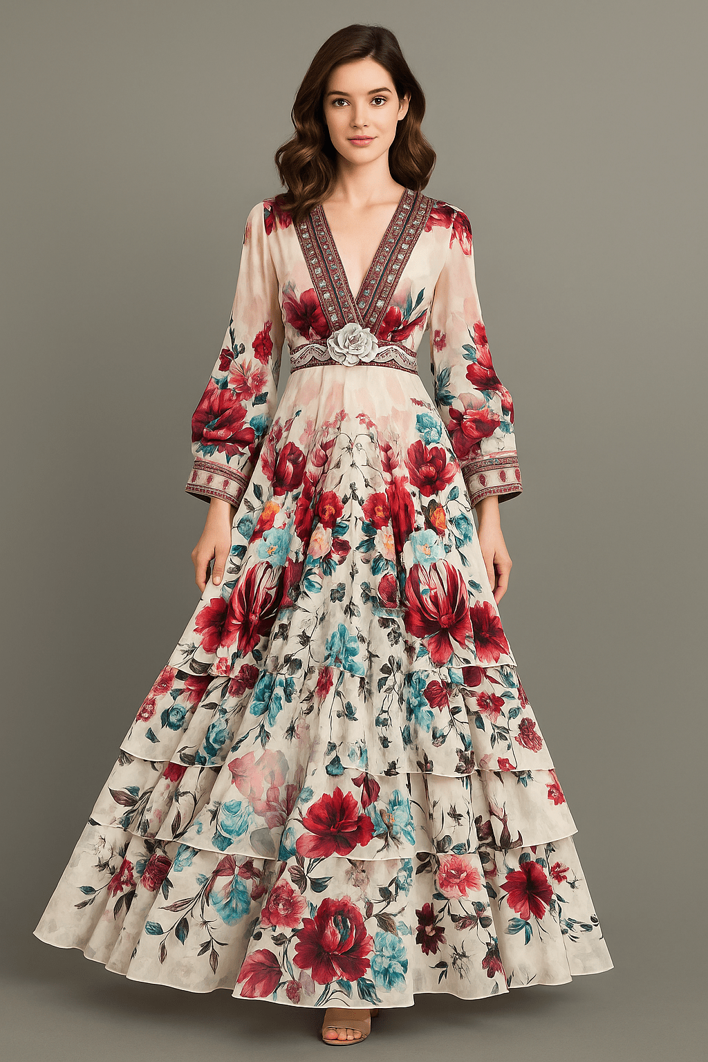 Bohemian Floral Dress - V - Neck Maxi with Embroidery - HalleBeauty