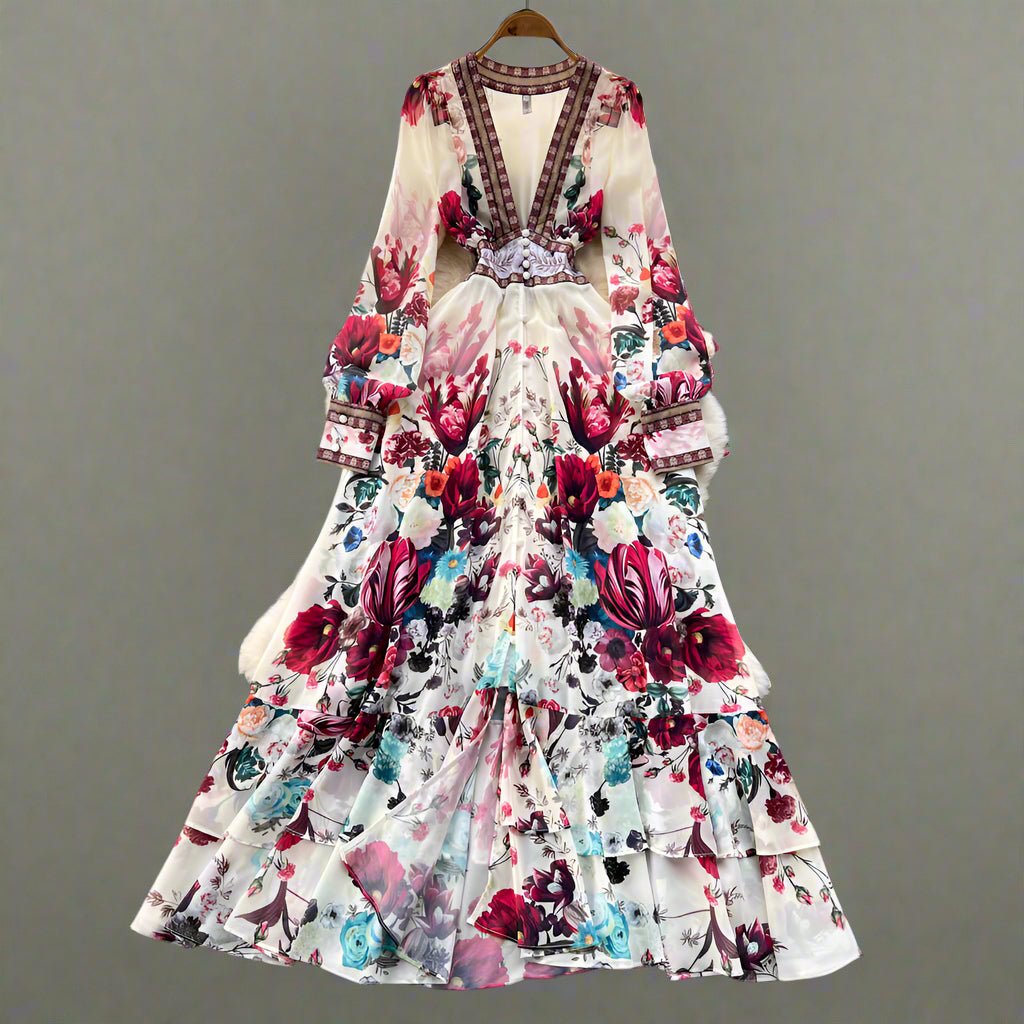 Bohemian Floral Dress - V - Neck Maxi with Embroidery - HalleBeauty