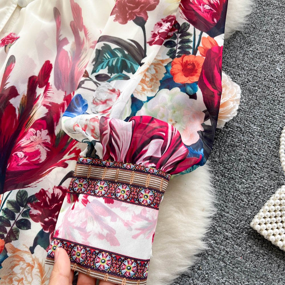 Bohemian Floral Dress - V - Neck Maxi with Embroidery - HalleBeauty