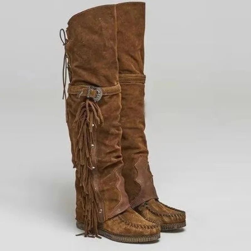 Bohemian Fringe Suede Over - the - Knee Boots - HalleBeauty