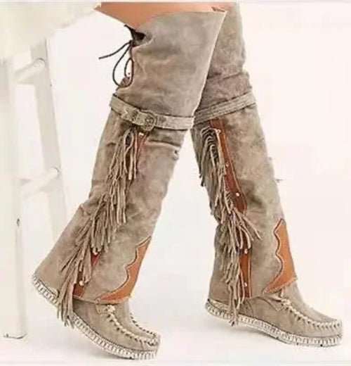 Bohemian Fringe Suede Over - the - Knee Boots - HalleBeauty