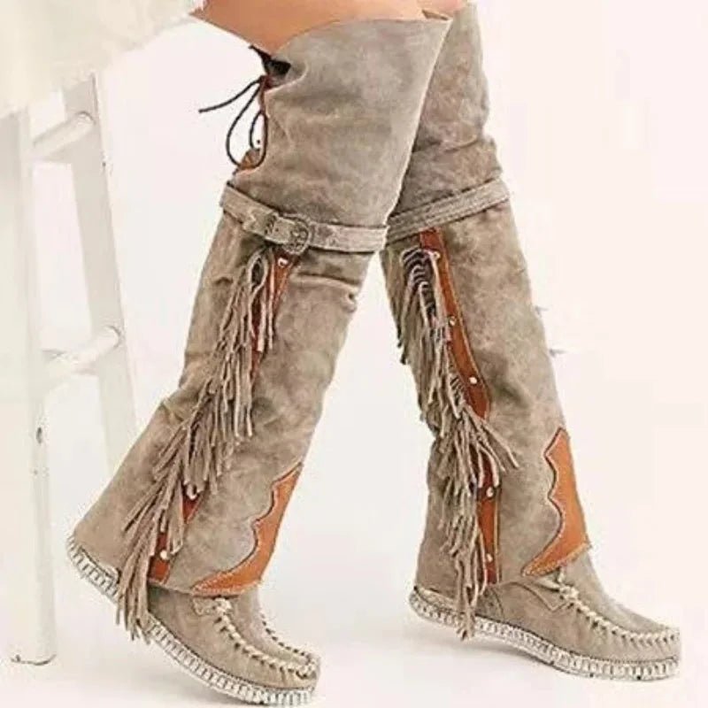 Bohemian Fringe Suede Over - the - Knee Boots - HalleBeauty