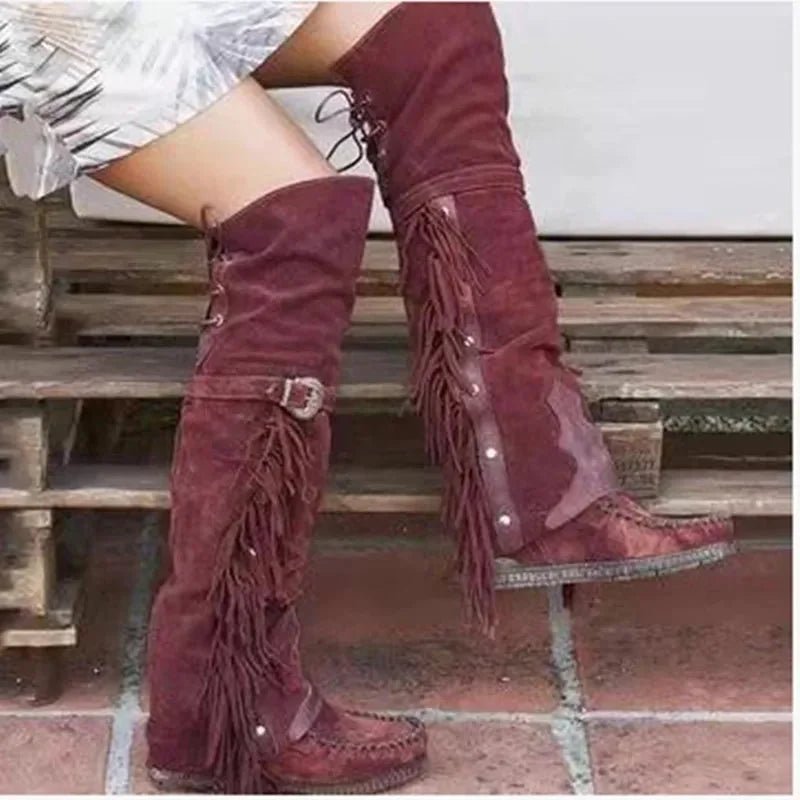 Bohemian Fringe Suede Over - the - Knee Boots - HalleBeauty