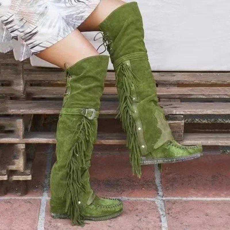 Bohemian Fringe Suede Over - the - Knee Boots - HalleBeauty
