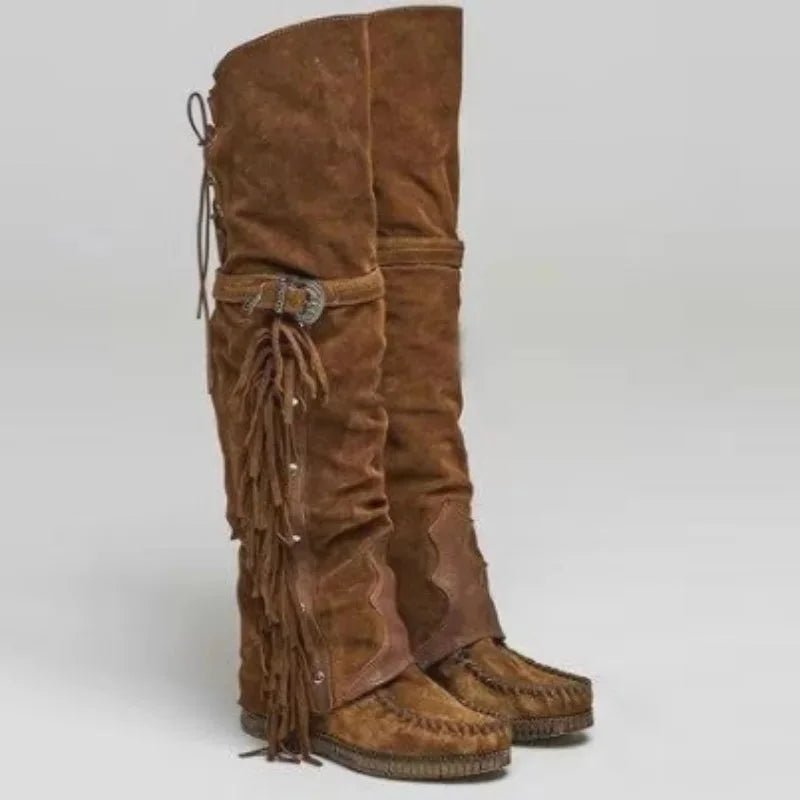 Bohemian Fringe Suede Over - the - Knee Boots - HalleBeauty