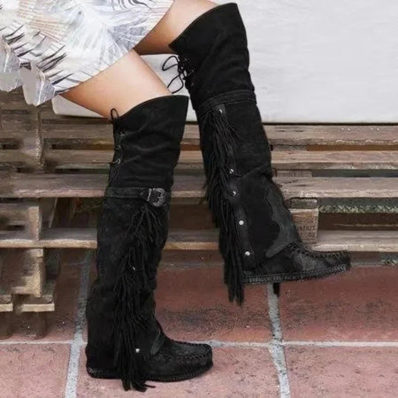 Bohemian Fringe Suede Over - the - Knee Boots - HalleBeauty