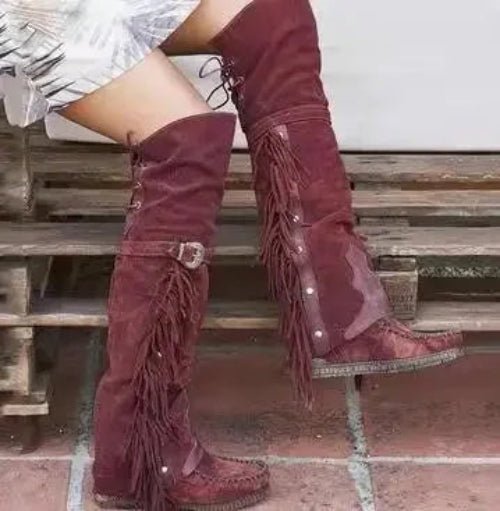 Bohemian Fringe Suede Over - the - Knee Boots - HalleBeauty