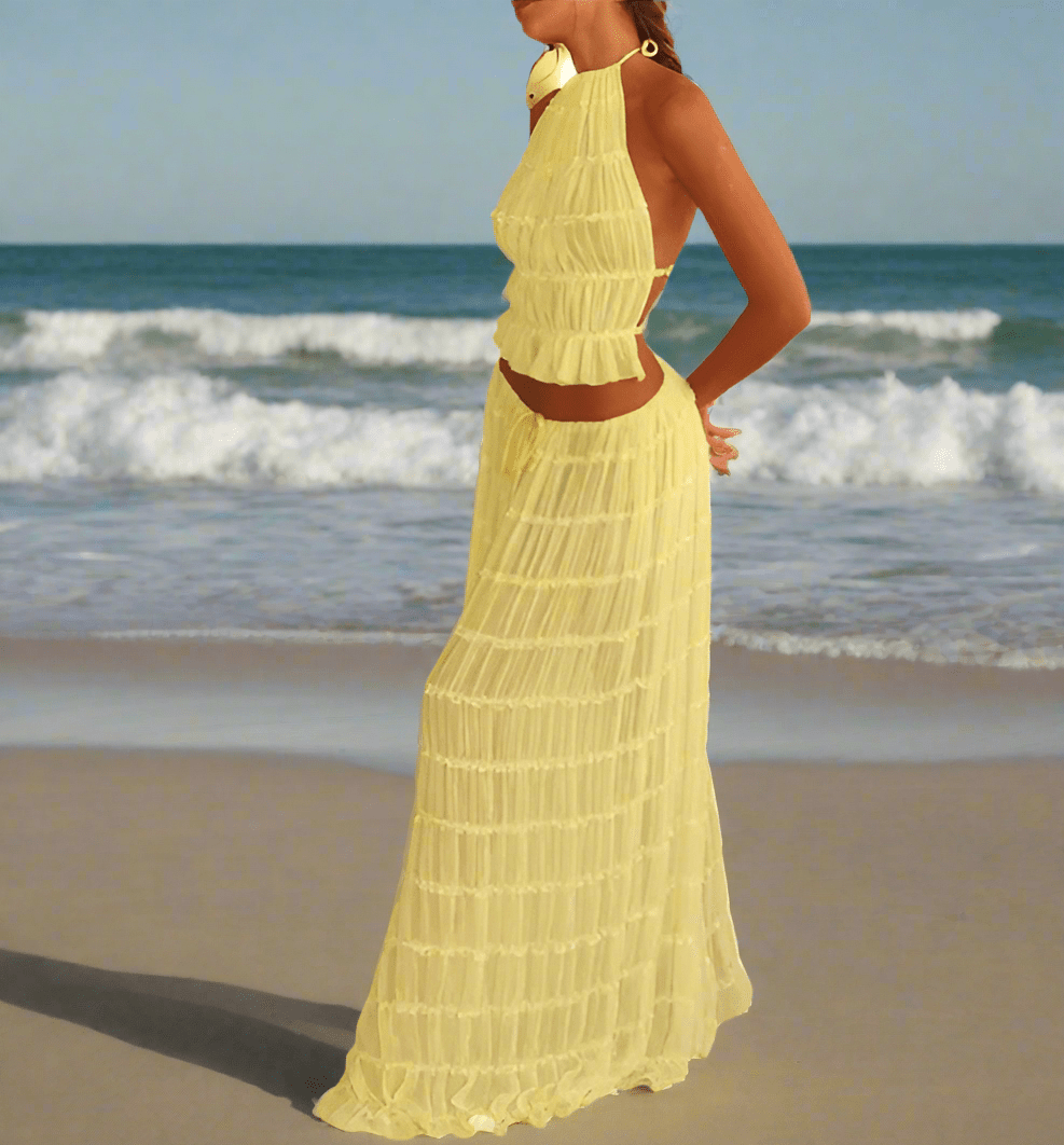 Boho Backless 2 - Piece Beach Set – Crochet Cover - Up & Bikini Combo - HalleBeauty