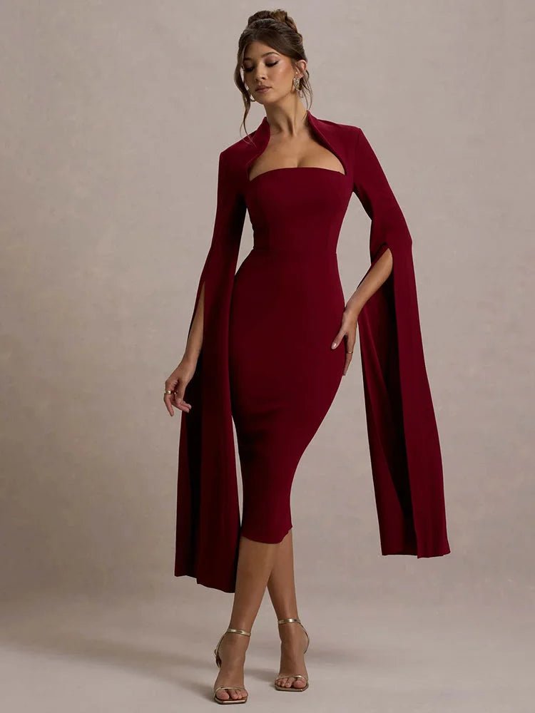 Burgundy Cape Midi Dress - Elegant & Dramatic Style - HalleBeauty
