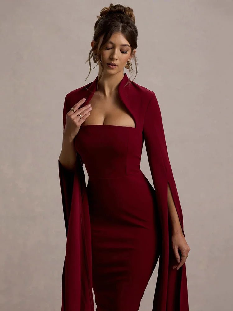 Burgundy Cape Midi Dress - Elegant & Dramatic Style - HalleBeauty