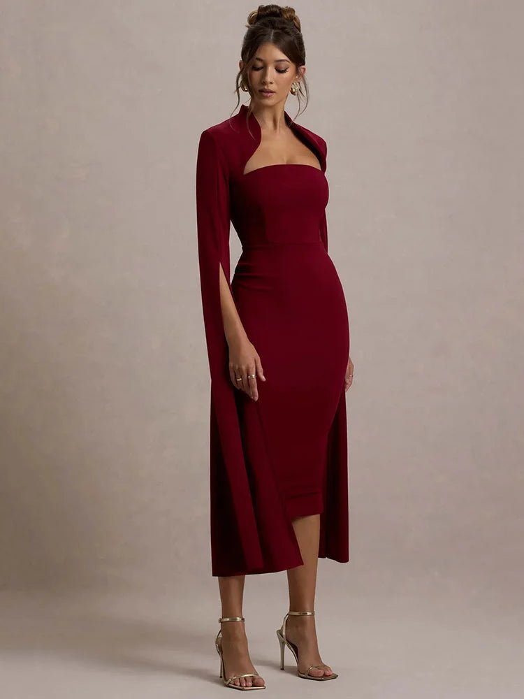 Burgundy Cape Midi Dress - Elegant & Dramatic Style - HalleBeauty