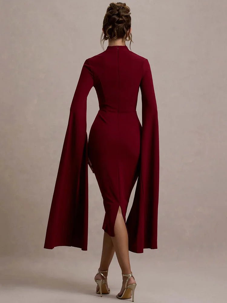 Burgundy Cape Midi Dress - Elegant & Dramatic Style - HalleBeauty