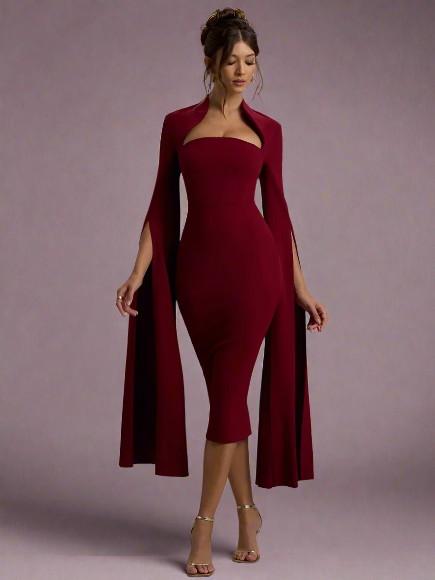 Burgundy Cape Midi Dress - Elegant & Dramatic Style - HalleBeauty