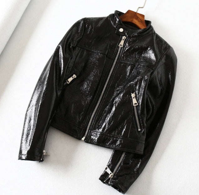 Women's Black PU Leather Motorcycle Jacket - Bright Short Style