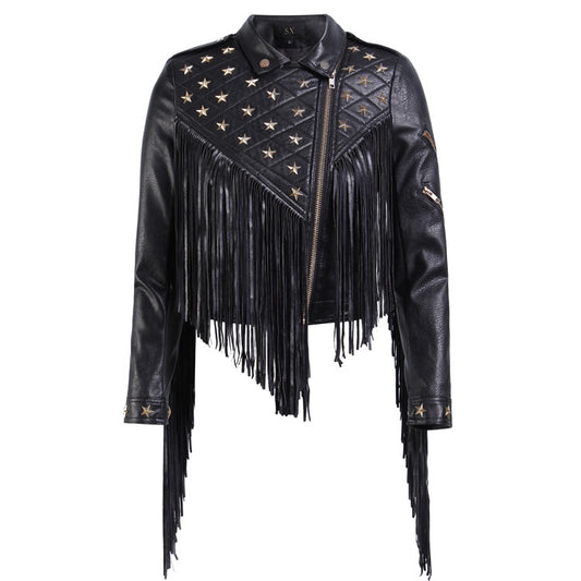 Women's Tassel Stud PU Leather Lapel Jacket | Hallebeauty