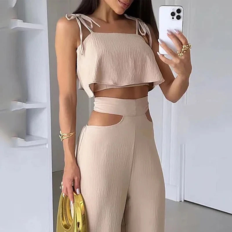 Ladies' Trendy Solid Sling Top with Hollow-Out Trousers Suit - HalleBeauty