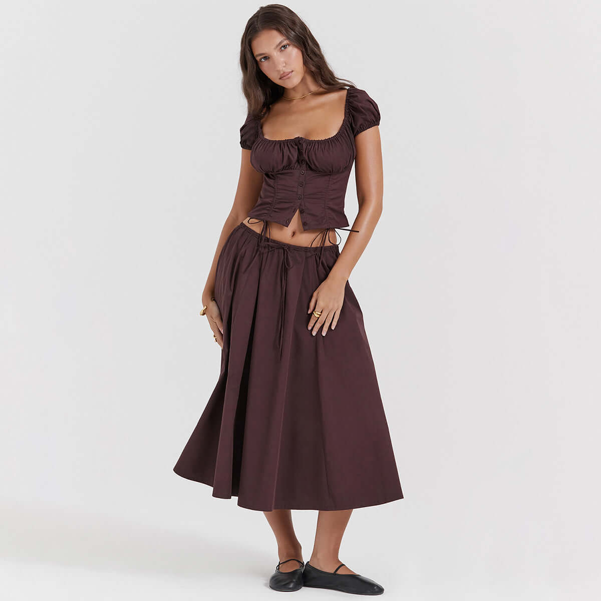 Square Collar Puff Sleeve Midriff-Baring Top and Skirt Set