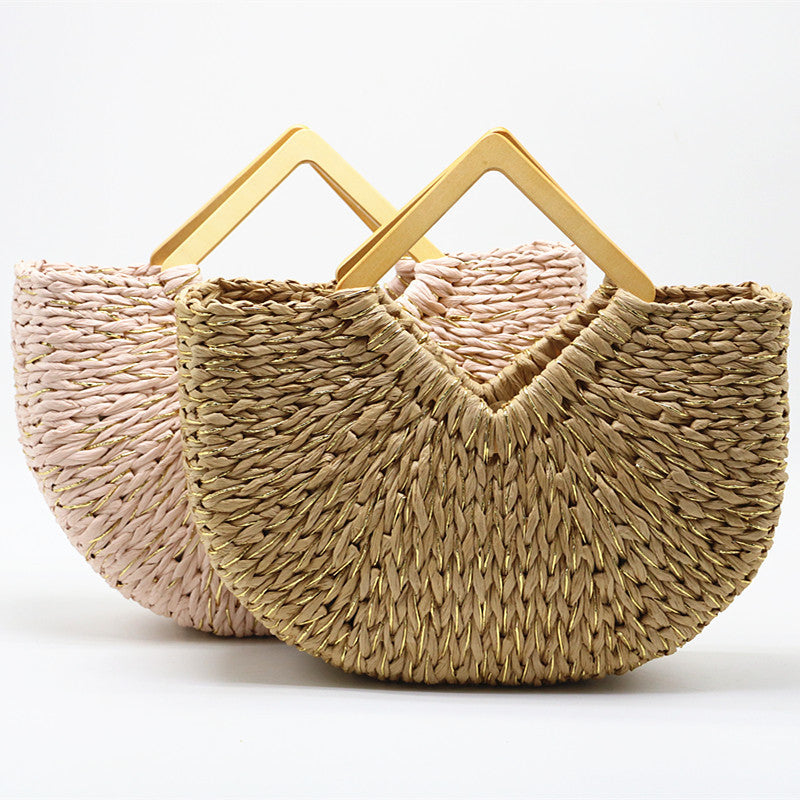 Straw Moon Bag with Wooden Handle - Handcrafted Elegance