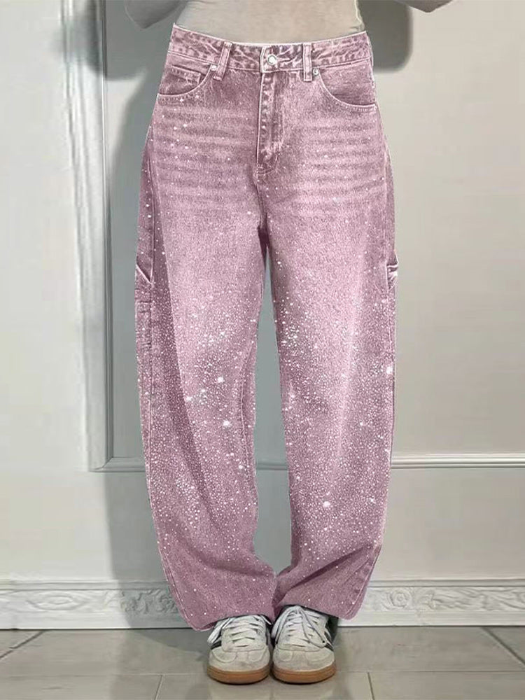 Rhinestone Baggy Jeans Women – Wide Leg Dragging Denim