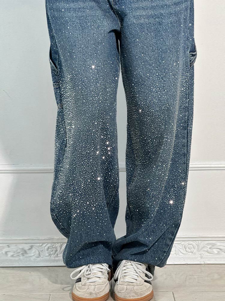 Rhinestone Baggy Jeans Women – Wide Leg Dragging Denim
