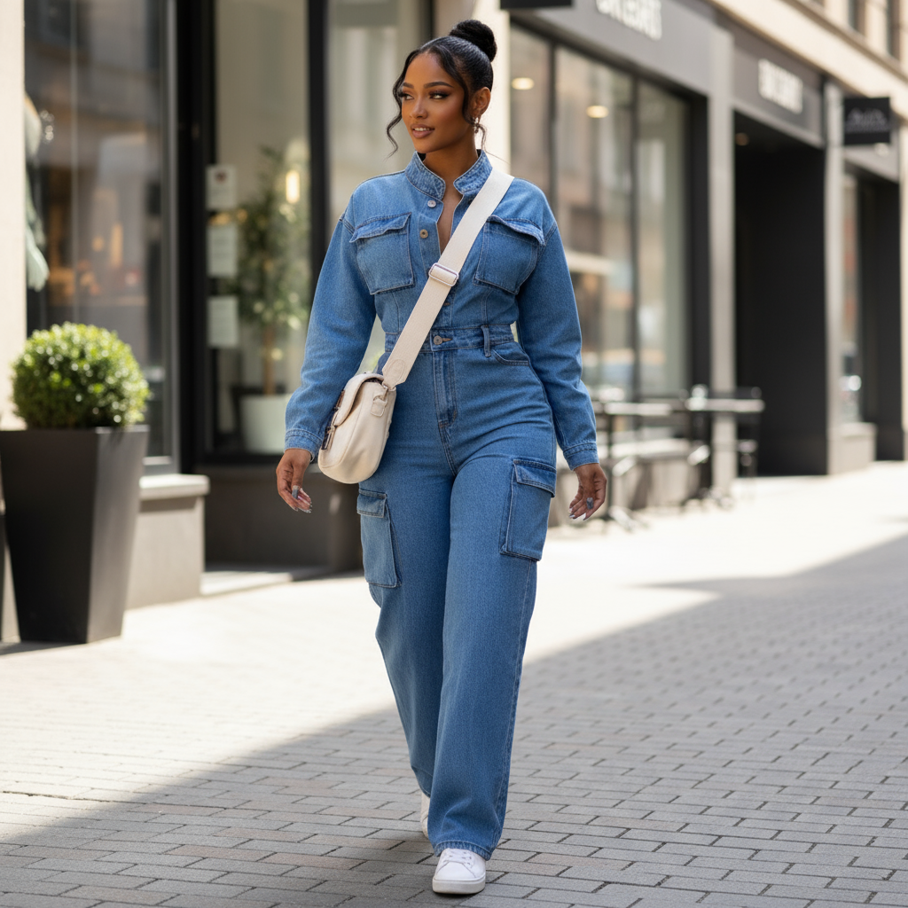 Casual street style denim jumpsuit