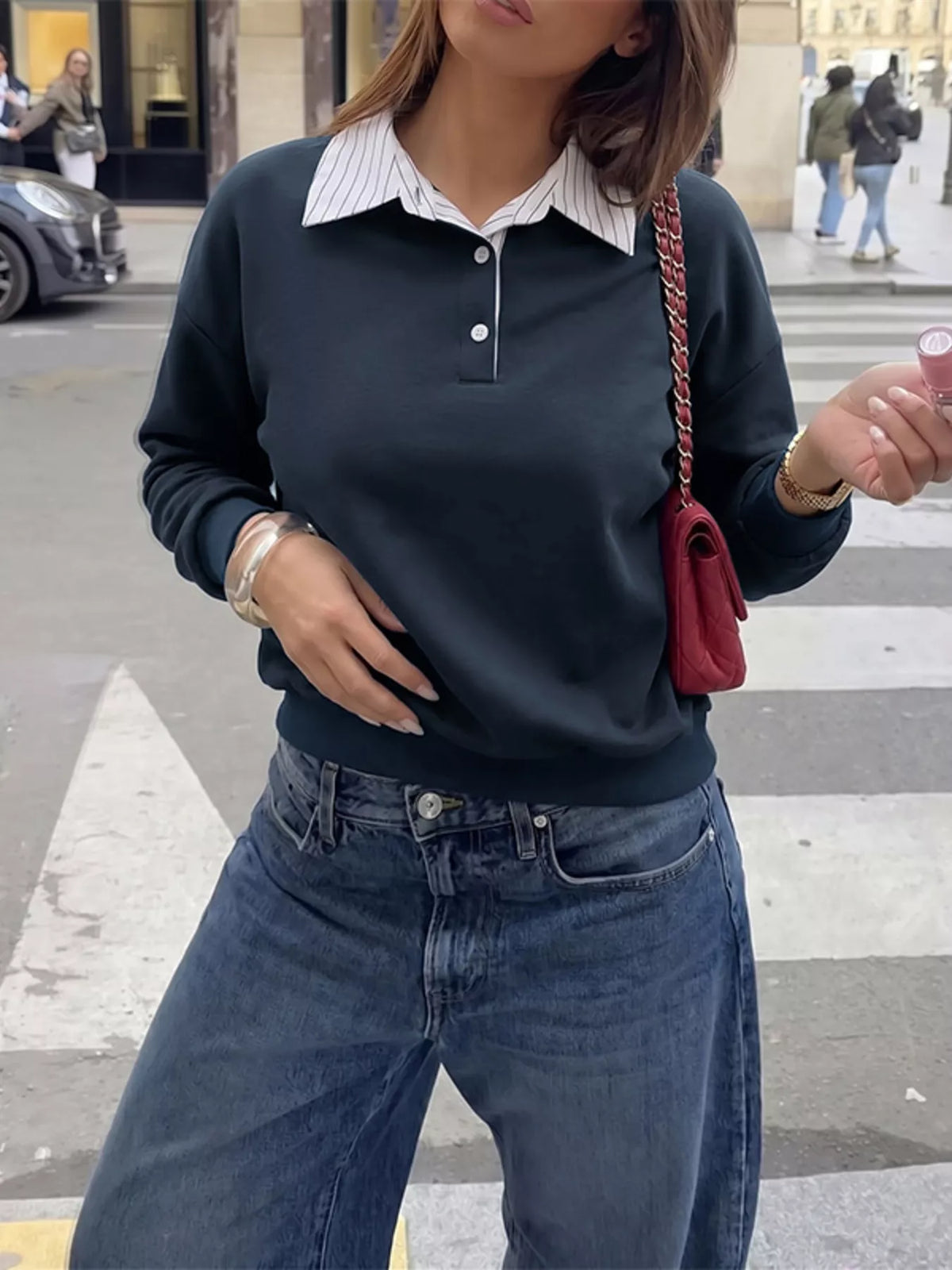 Button Detail Dropped Shoulder Sweatshirt | Hallebeauty