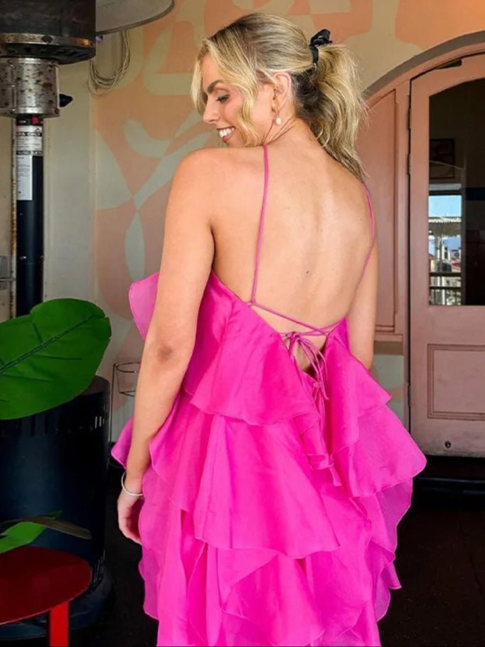 Chic Cascading Ruffles 3d Flower Short Dress Halter - HalleBeauty