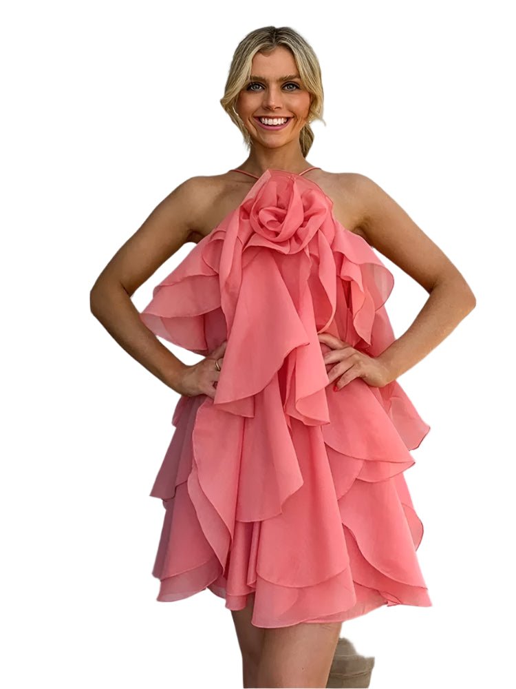 Chic Cascading Ruffles 3d Flower Short Dress Halter - HalleBeauty