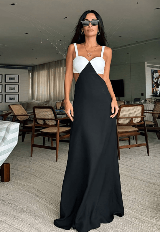 Chic Contrast Maxi Dress - Elegant Two - Tone Design - HalleBeauty